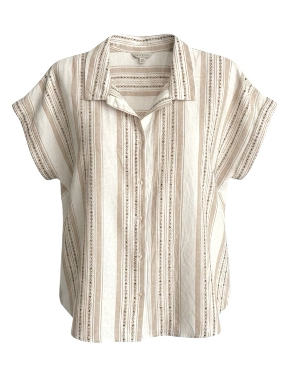 Lucky Brand size M tan/white striped button-up cap sleeve camp shirt